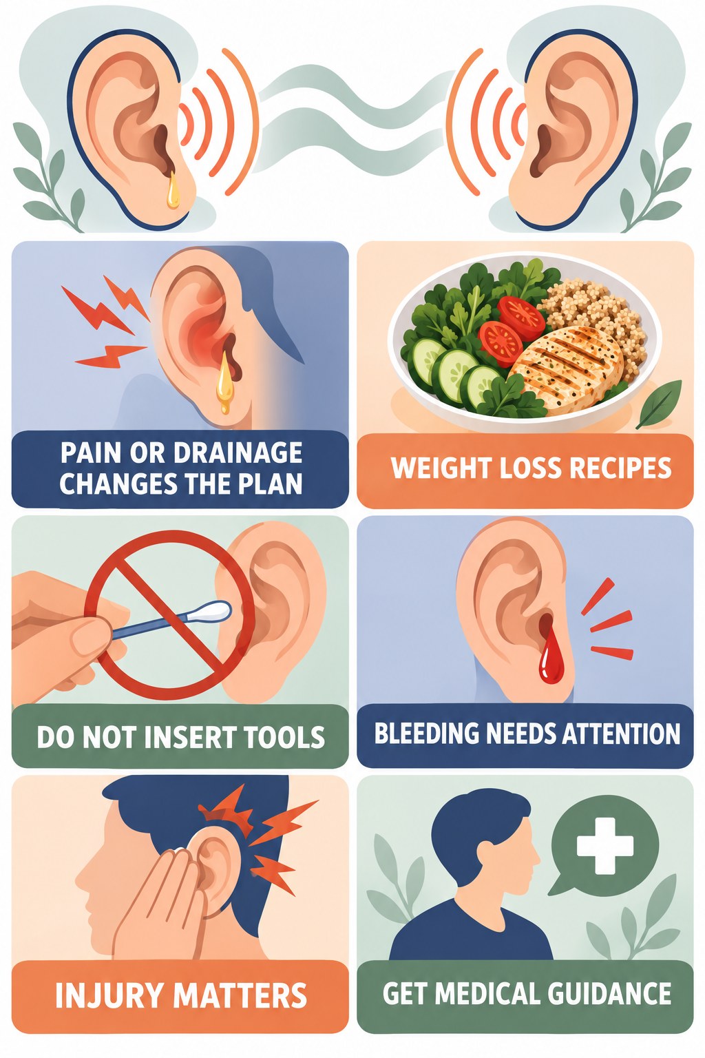 Ear Pain or Drainage With Tinnitus infographic for Weight Loss Recipes with four concise evaluation-guidance points.