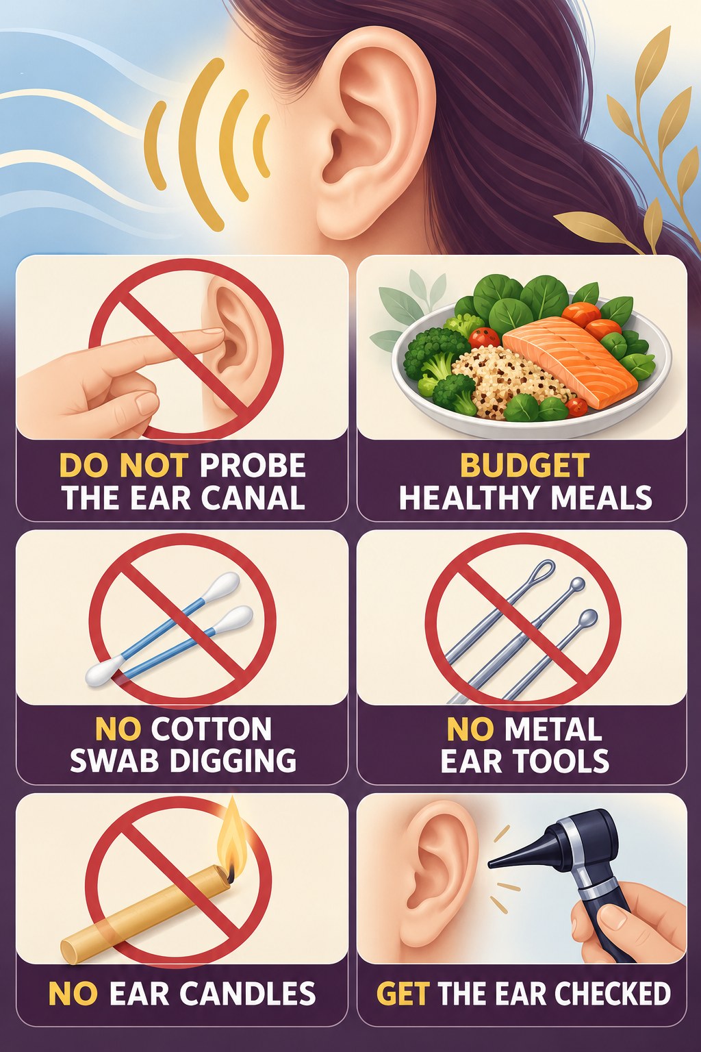 Earwax and Ear-Cleaning Safety infographic for Budget Healthy Meals with four concise tinnitus-awareness points.