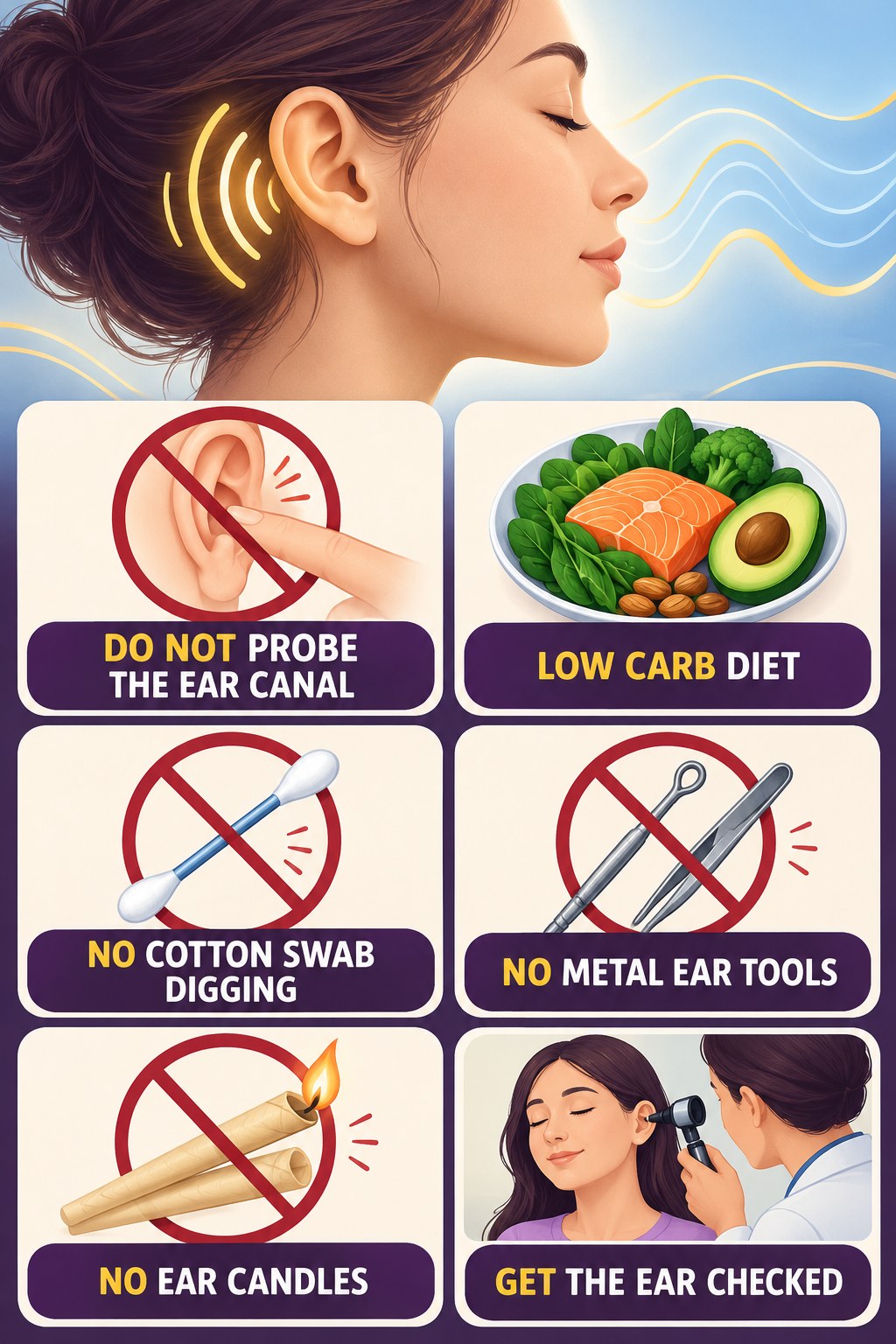 Earwax and Ear-Cleaning Safety infographic for Low Carb Diet with four concise tinnitus-awareness points.