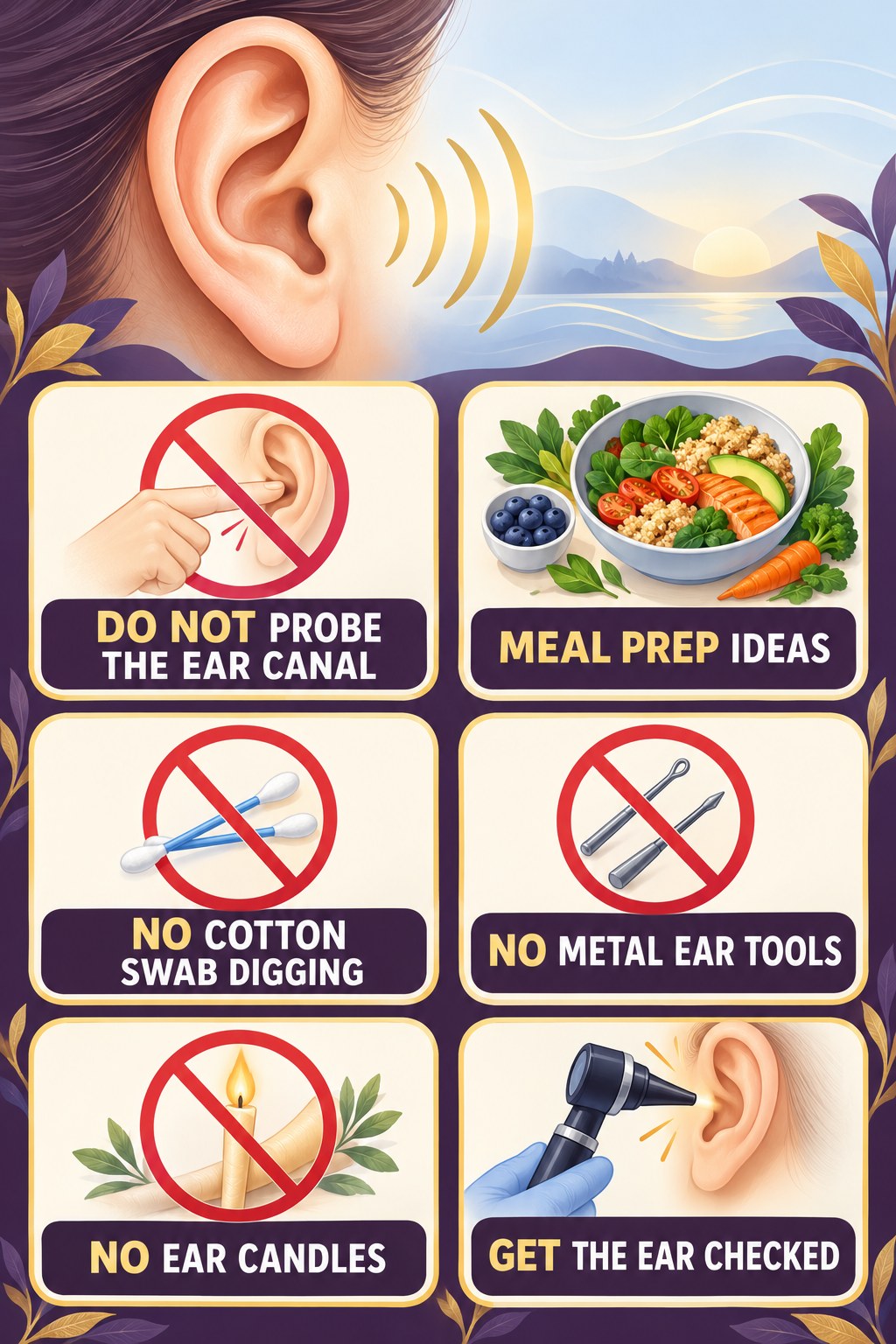 Earwax and Ear-Cleaning Safety infographic for Meal Prep Ideas with four concise tinnitus-awareness points.