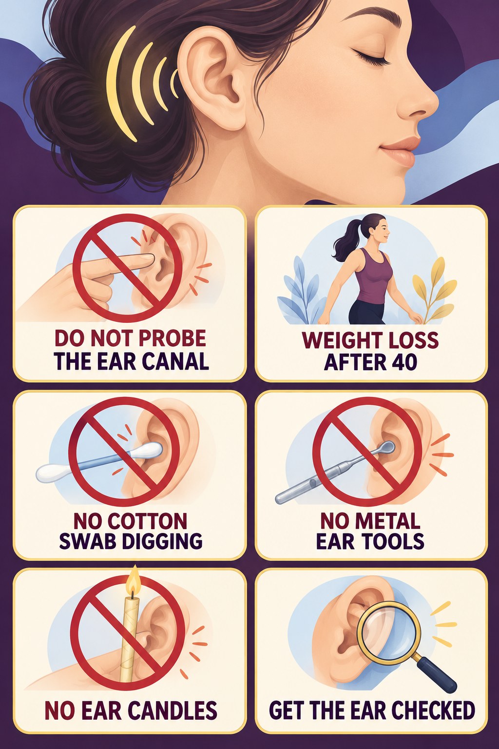 Earwax and Ear-Cleaning Safety infographic for Weight Loss After 40 with four concise tinnitus-awareness points.