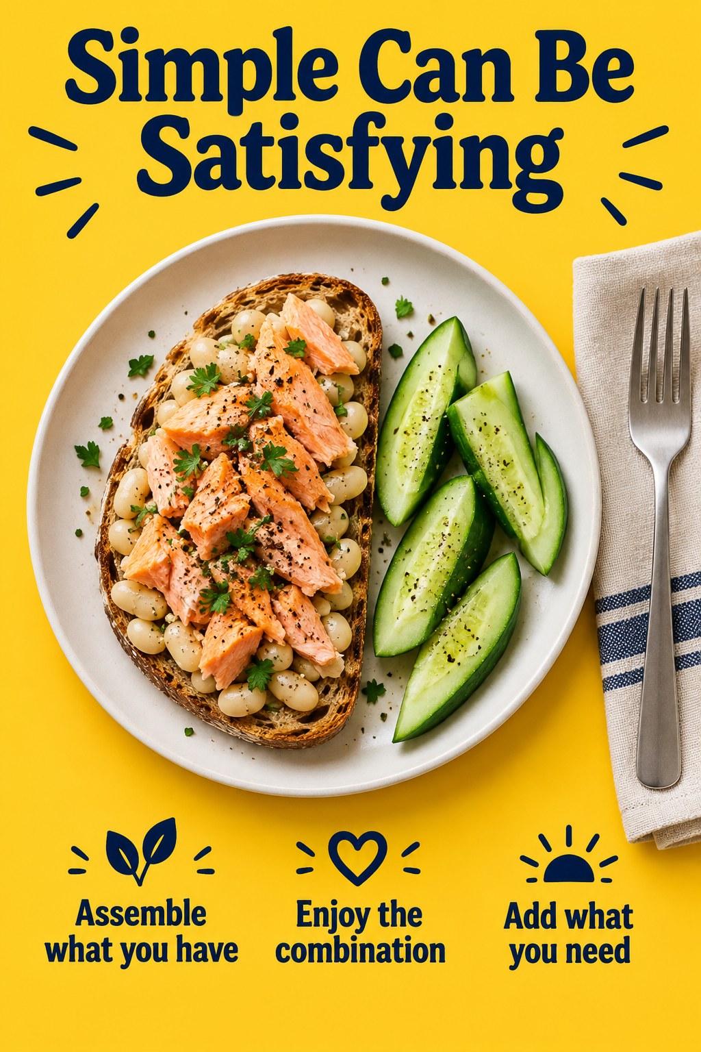 Salmon and white bean toast with cucumber on a bright plate beneath a simple-meal headline.