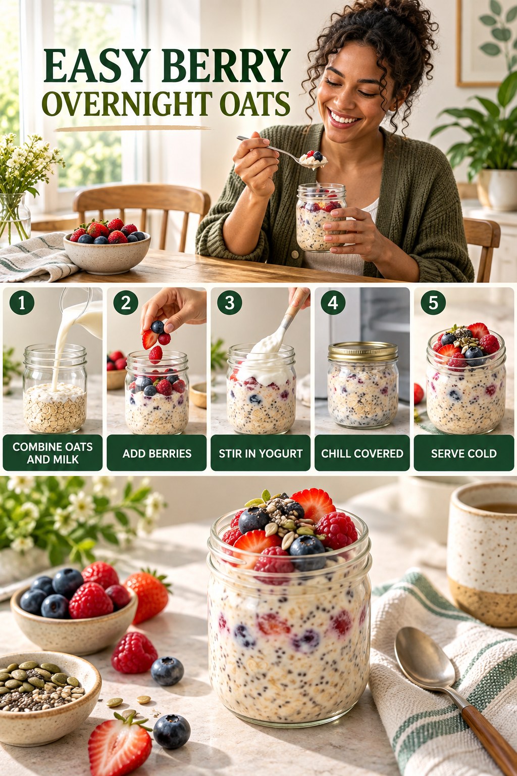 Easy Berry Overnight Oats for Healthy Weight Loss with five readable preparation cues and a realistic finished dish.
