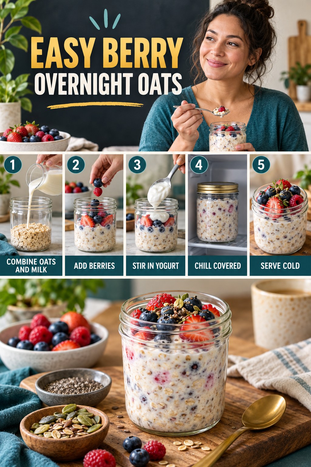 Easy Berry Overnight Oats for Weight Loss for Women with five readable preparation cues and a realistic finished dish.