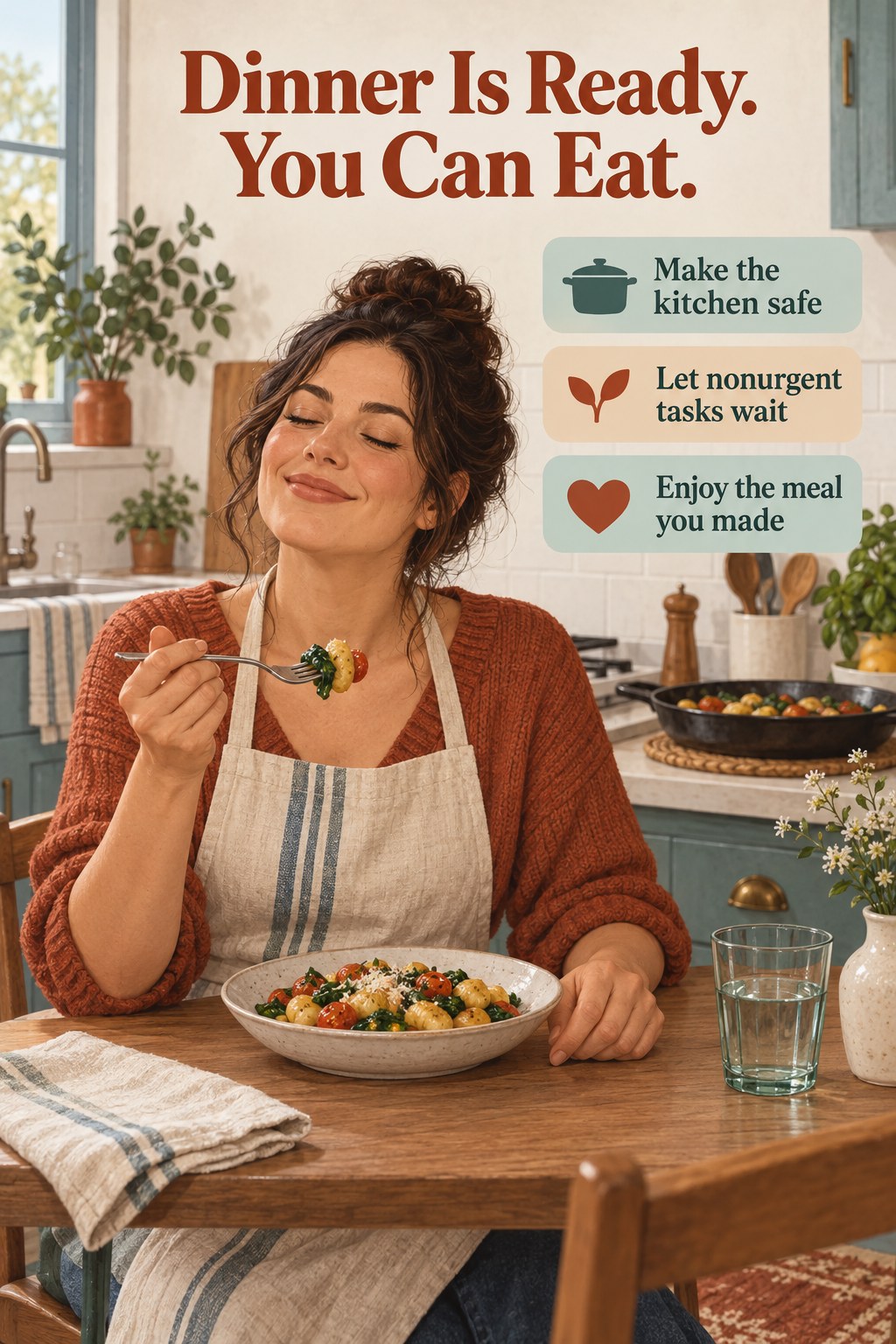 Cook seated with vegetable gnocchi while a serving pan rests on the kitchen counter, with a reminder to enjoy dinner.