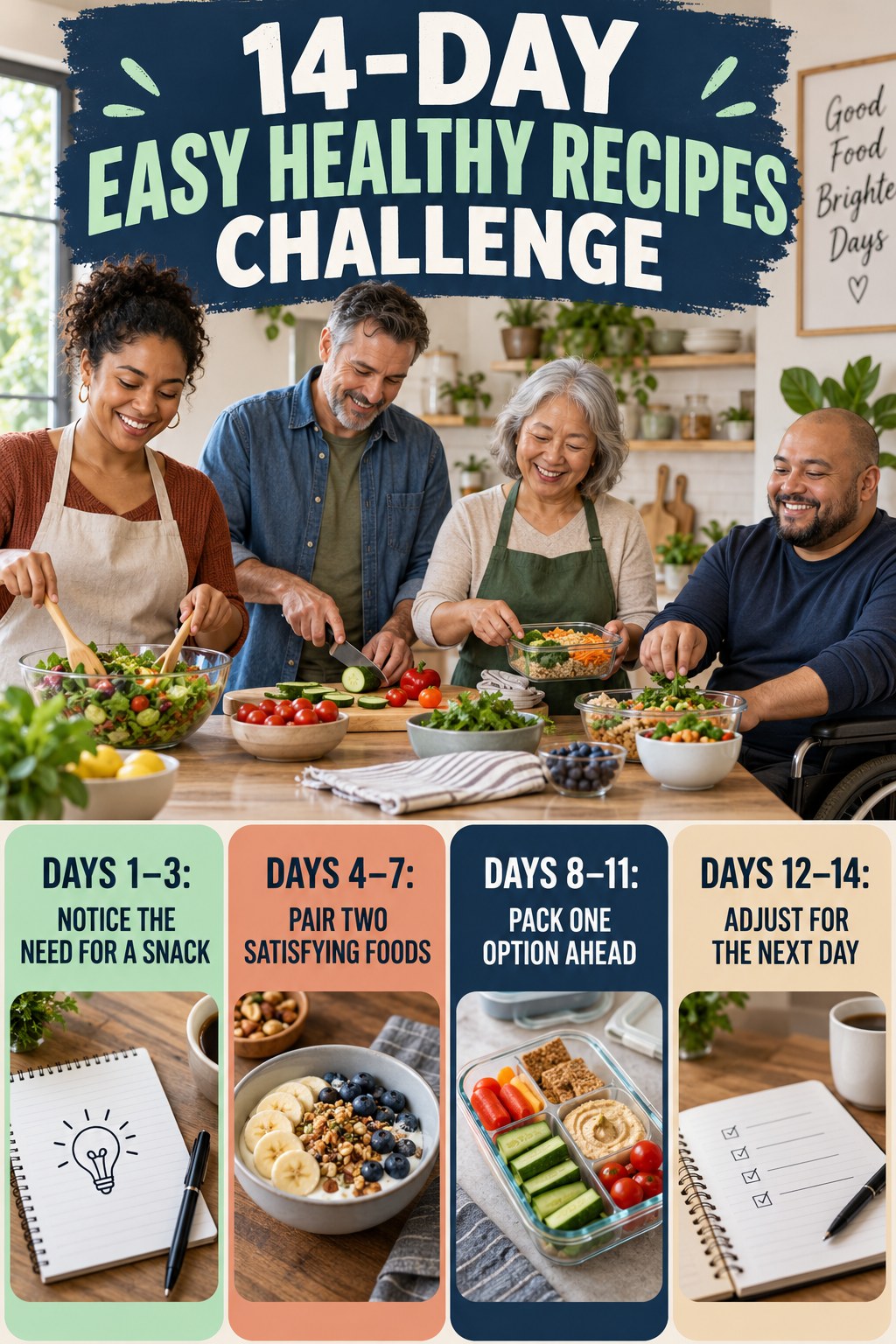 14-day Easy Healthy Recipes challenge graphic showing four manageable milestones for consistent practice.