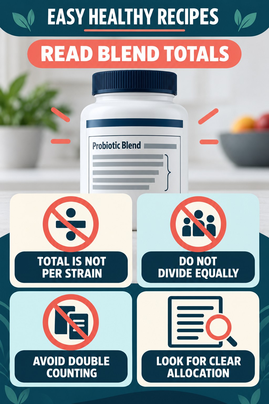 A Blend Total Does Not Reveal Each Strain infographic for Easy Healthy Recipes with four concise probiotic-label reading points.