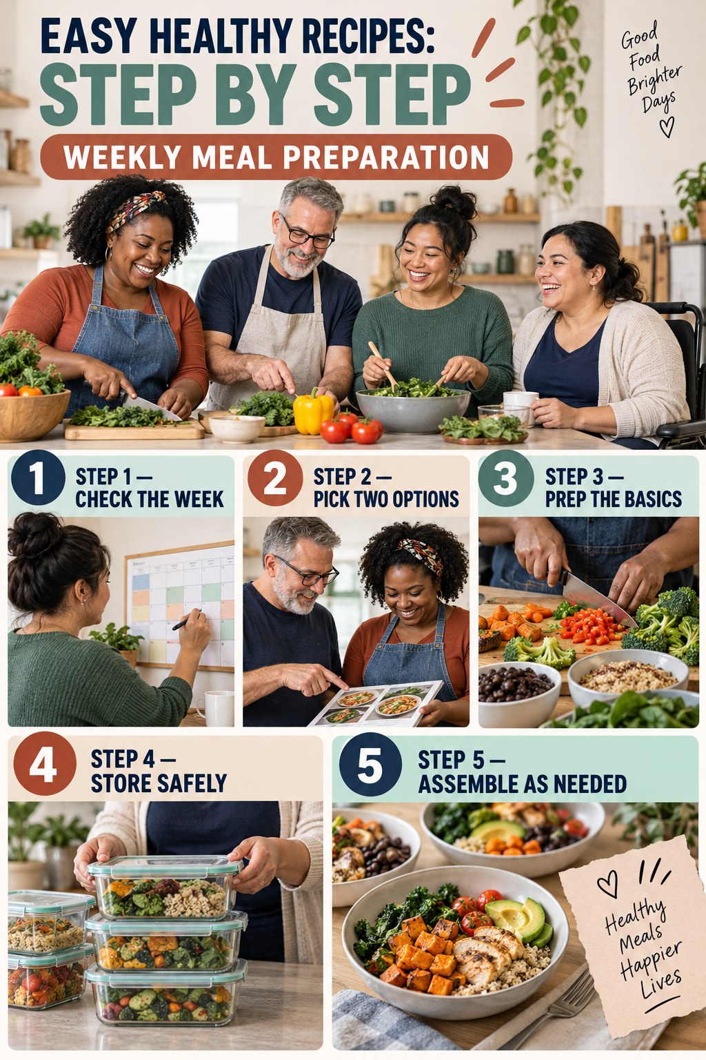 Easy Healthy Recipes step-by-step graphic showing five numbered stages for weekly meal preparation.