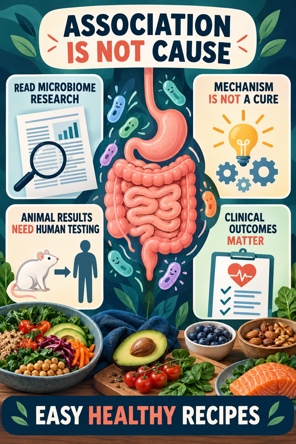 Association Is Not the Same as Cause educational infographic for Easy Healthy Recipes with four evidence-aware points.