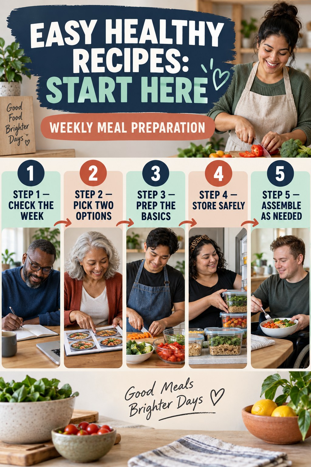 Easy Healthy Recipes beginner guide graphic showing five manageable stages for weekly meal preparation.