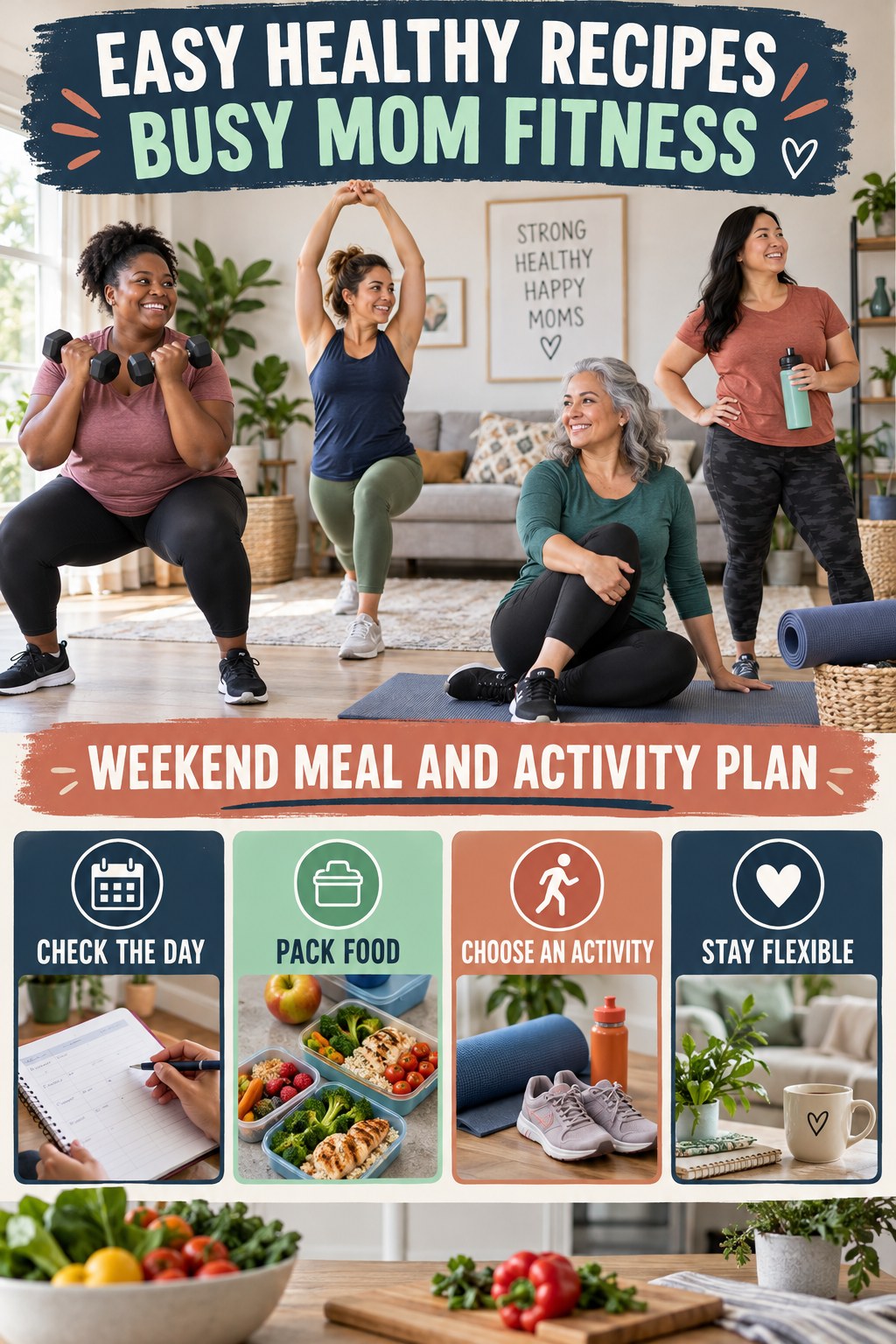 Easy Healthy Recipes busy-mom fitness graphic titled Weekend Meal and Activity Plan with four practical movement prompts.