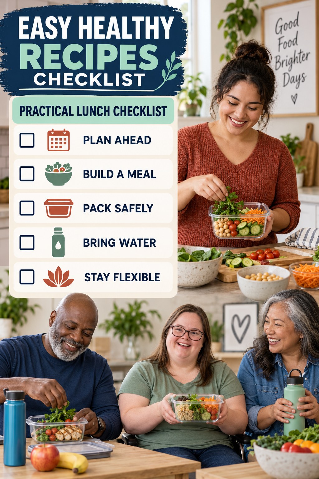 Easy Healthy Recipes checklist graphic titled Practical Lunch Checklist with five clear practical wellness items.