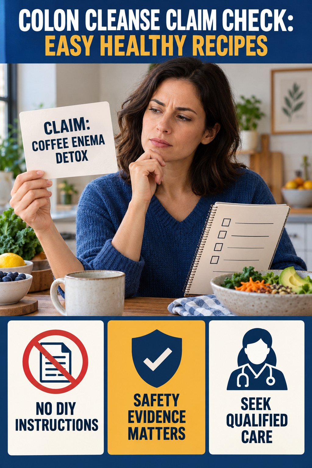 Coffee Enema Claims infographic for Easy Healthy Recipes, separating a colon-cleanse marketing claim from evidence, reasonable conclusions, and safety context.