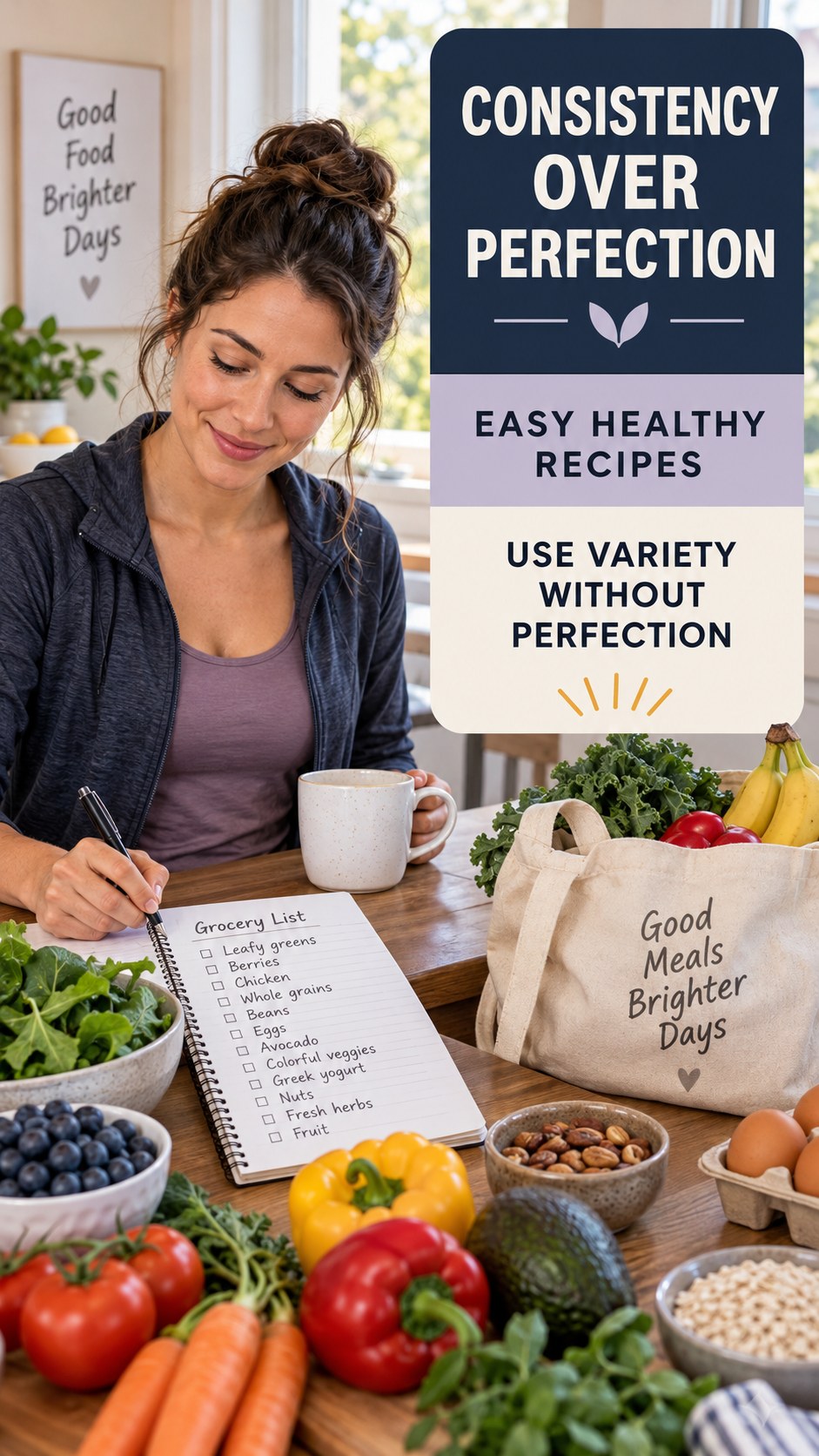 Food Variety Routine infographic for Easy Healthy Recipes, showing practical metabolism-support habits for an active lifestyle.