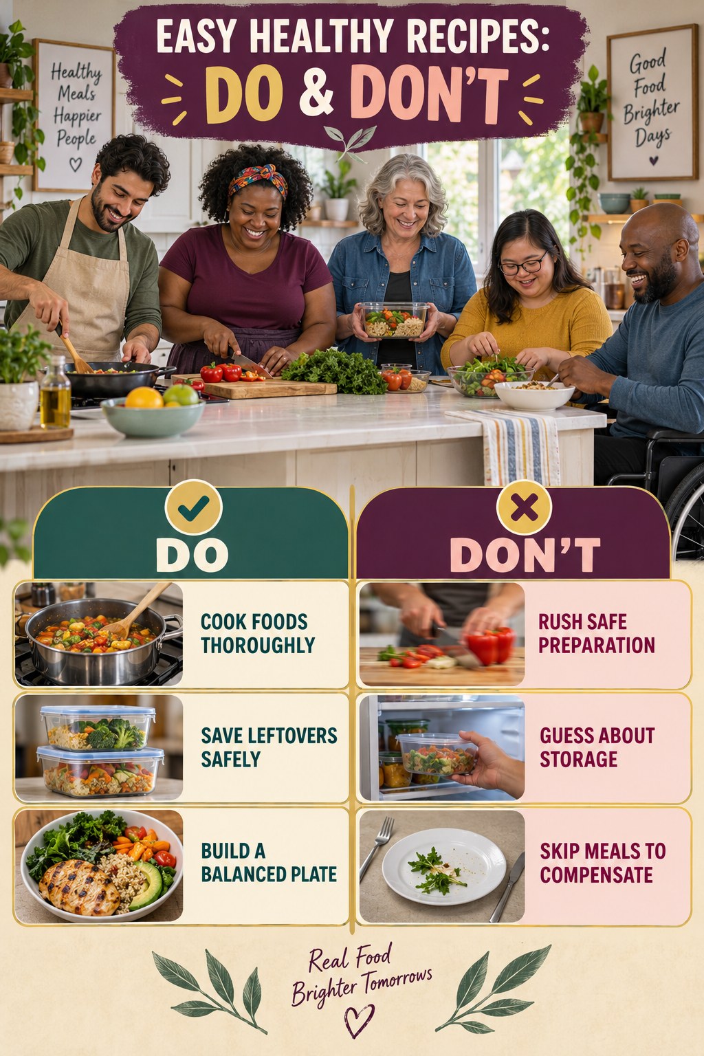 Easy Healthy Recipes Do and Don’t comparison graphic showing three practical behavior pairs for balanced choices.
