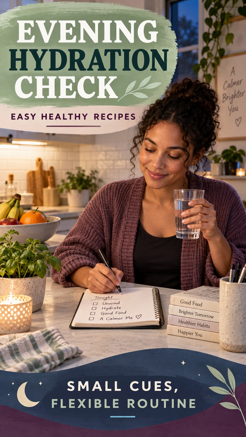 Evening Hydration Awareness infographic for Easy Healthy Recipes, showing a flexible and calming evening wellness routine.