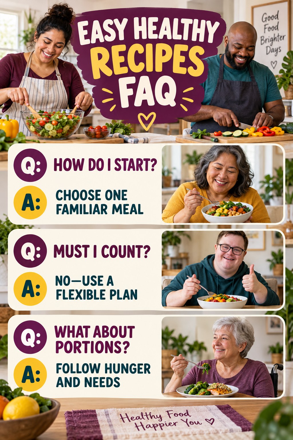 Easy Healthy Recipes FAQ graphic with three concise questions and practical answers for beginners.