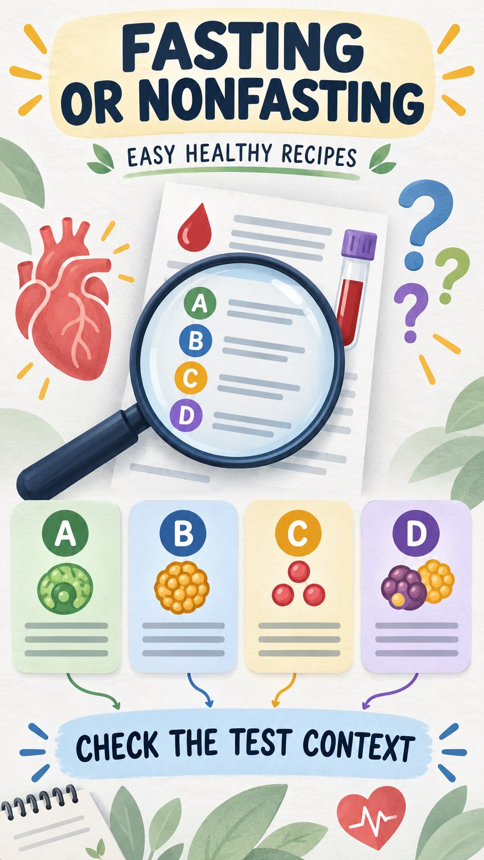 Fasting and Nonfasting Questions infographic for Easy Healthy Recipes, using a non-numerical educational lipid-panel layout with question and context icons.