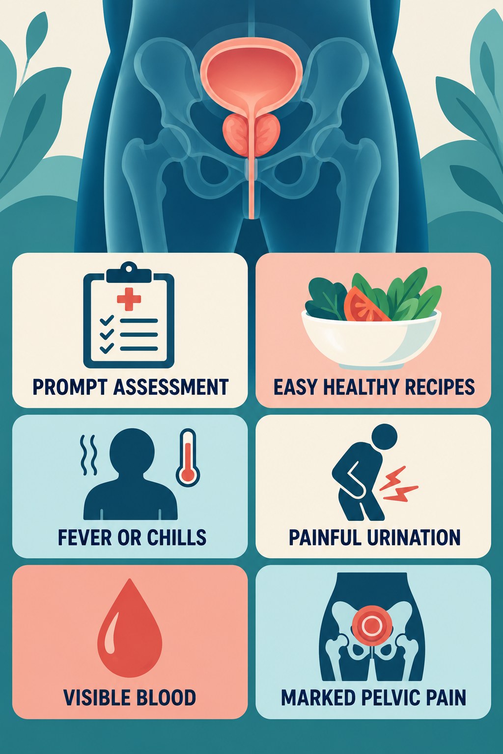 Fever, Chills, and Urinary Pain Need Prompt Assessment infographic for Easy Healthy Recipes with four concise prostate-health awareness points.