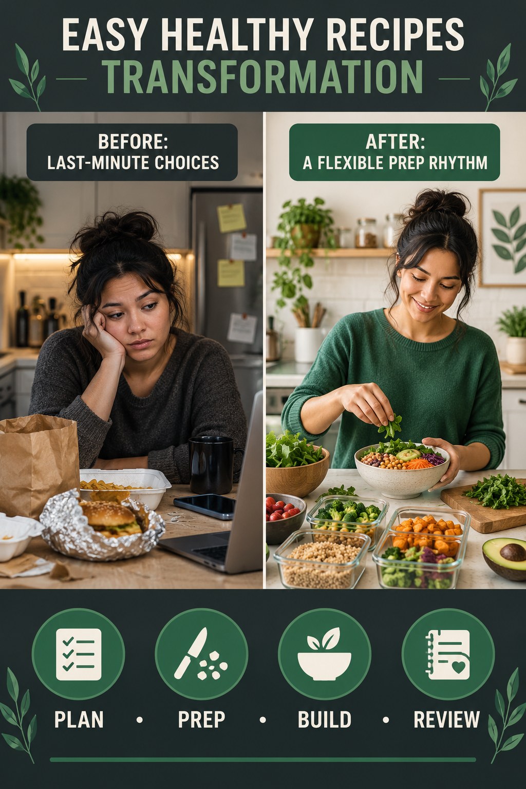 Easy Healthy Recipes habit transformation graphic comparing last-minute choices with a flexible prep rhythm using four practical steps.