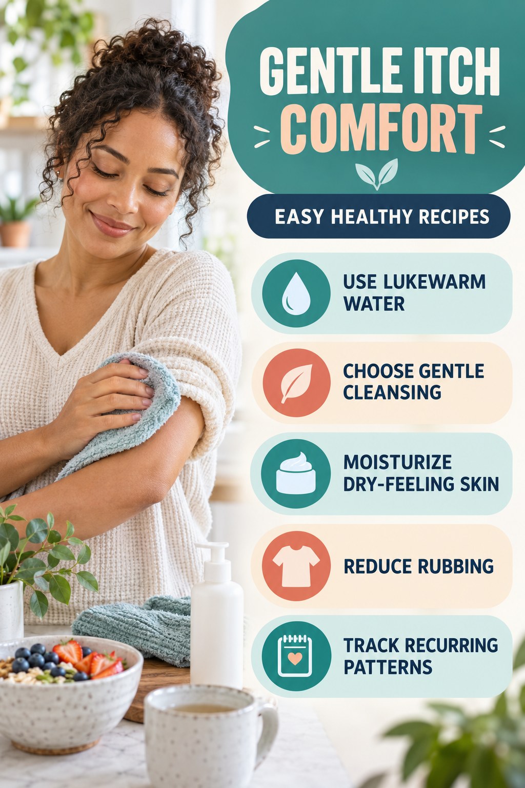 Gentle Everyday Comfort Routine infographic for Easy Healthy Recipes with five gentle itchy-skin comfort strategies and a non-diagnostic safety focus.