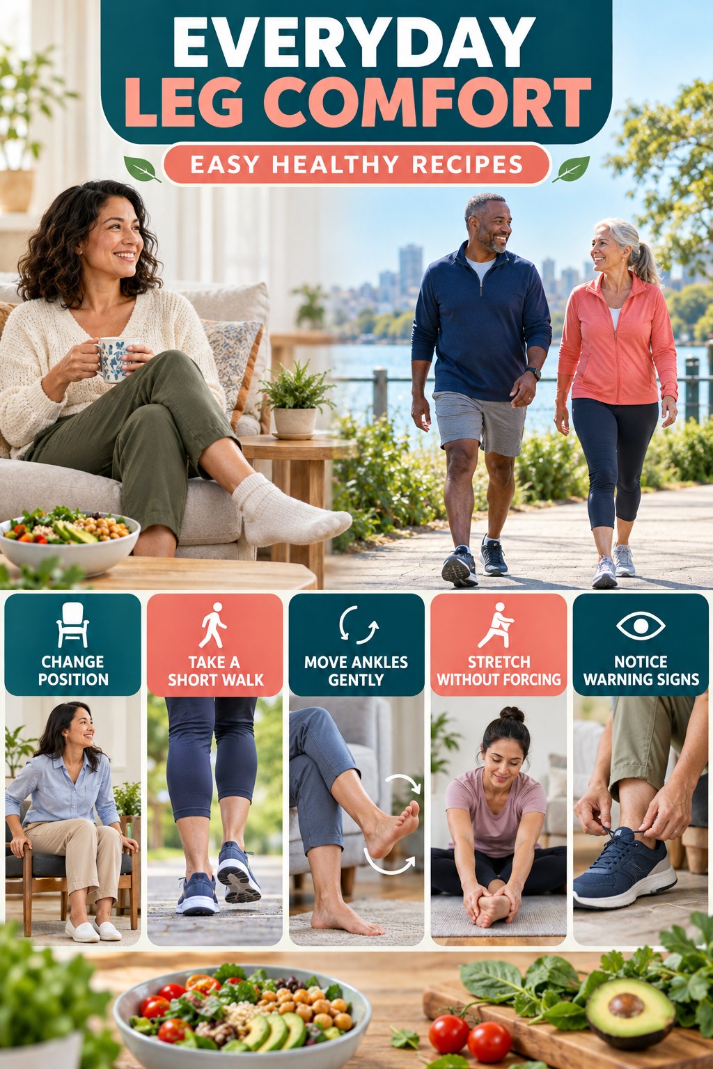Gentle Everyday Leg Comfort infographic for Easy Healthy Recipes with five gentle movement, position, footwear, recovery, or safety actions.