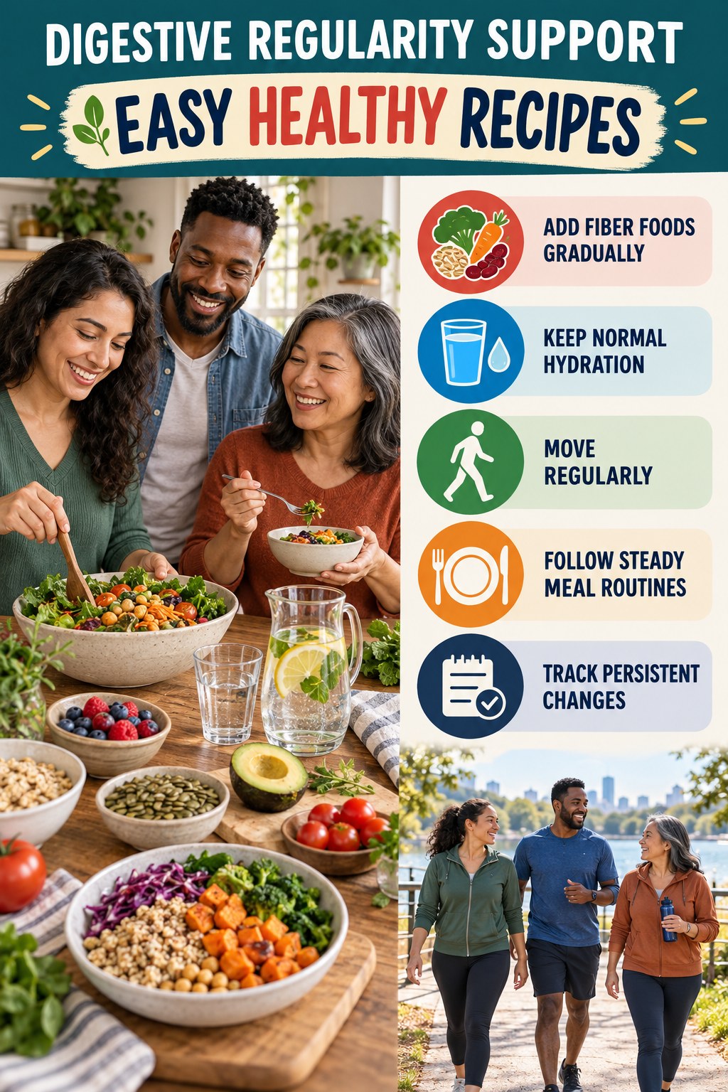 Gentle Everyday Regularity Habits infographic for Easy Healthy Recipes with five practical food, hydration, movement, or routine actions and no cleanse claims.
