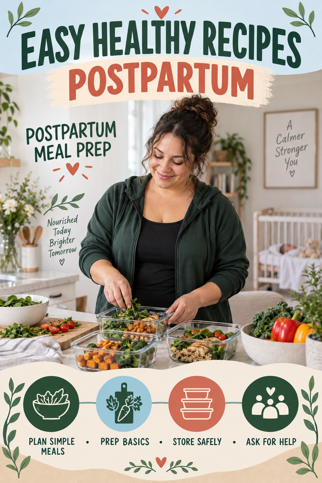 Easy Healthy Recipes postpartum graphic titled Postpartum Meal Prep with four gradual recovery-aware prompts.