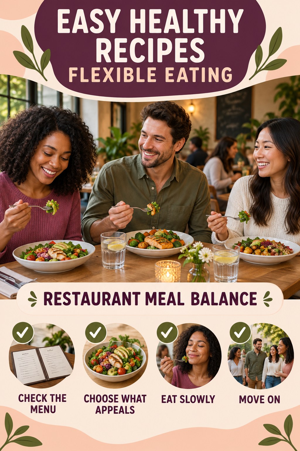 Easy Healthy Recipes flexible eating graphic titled Restaurant Meal Balance with four practical balance prompts.