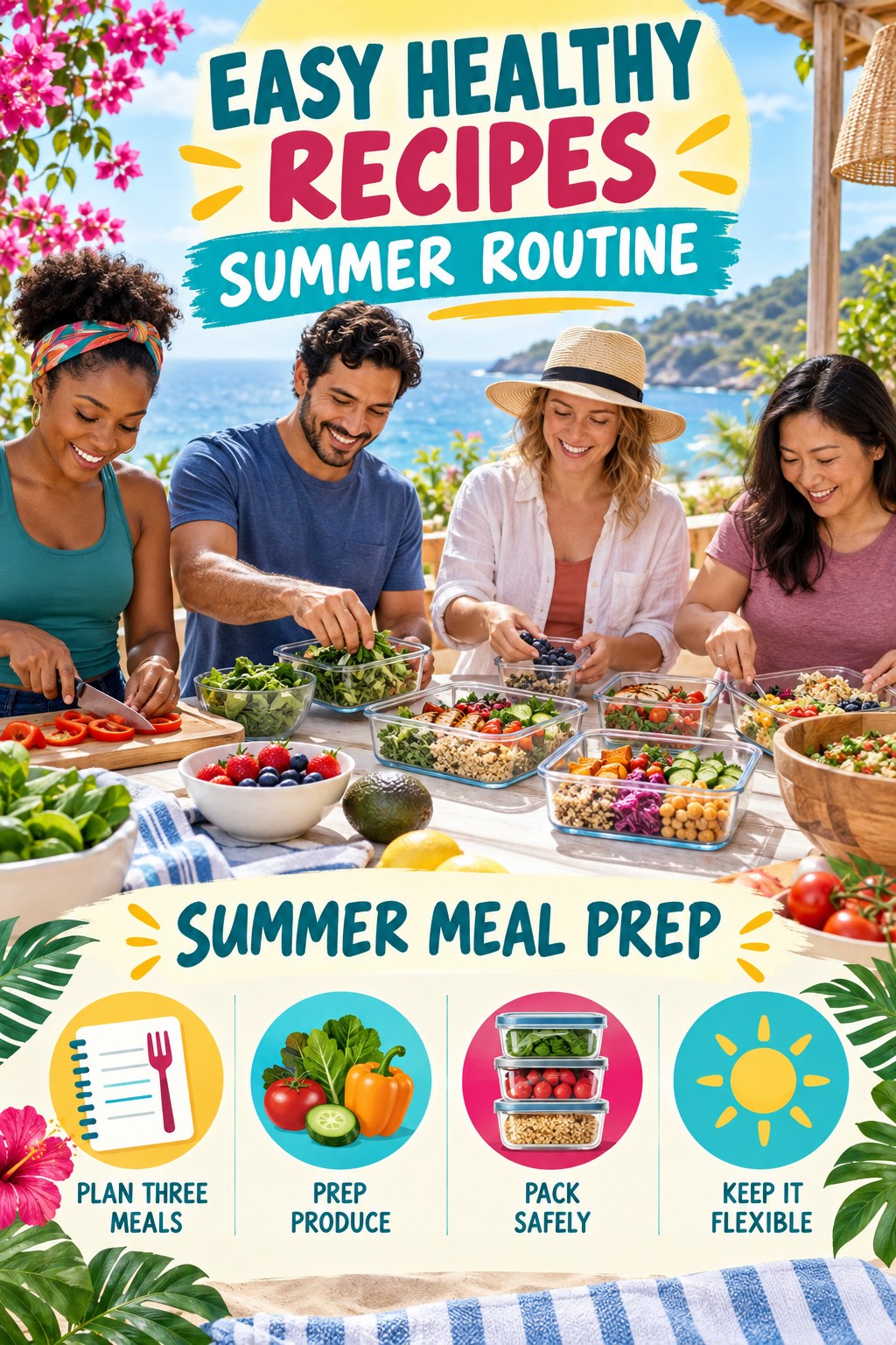 Easy Healthy Recipes summer routine graphic titled Summer Meal Prep with four practical wellness prompts.