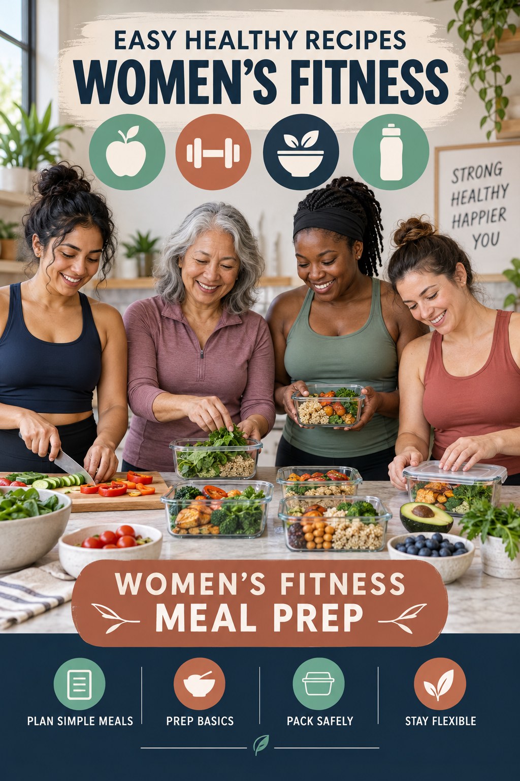 Easy Healthy Recipes women’s fitness graphic titled Women’s Fitness Meal Prep with four practical training prompts.