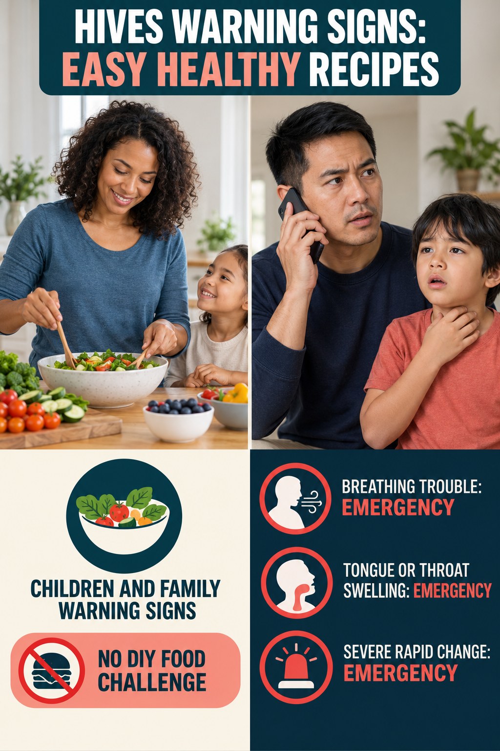 Children and Family Warning Signs infographic for Easy Healthy Recipes, highlighting urgent breathing, throat, swelling, fainting, and rapid-progression warning signs without diagnosing hives.