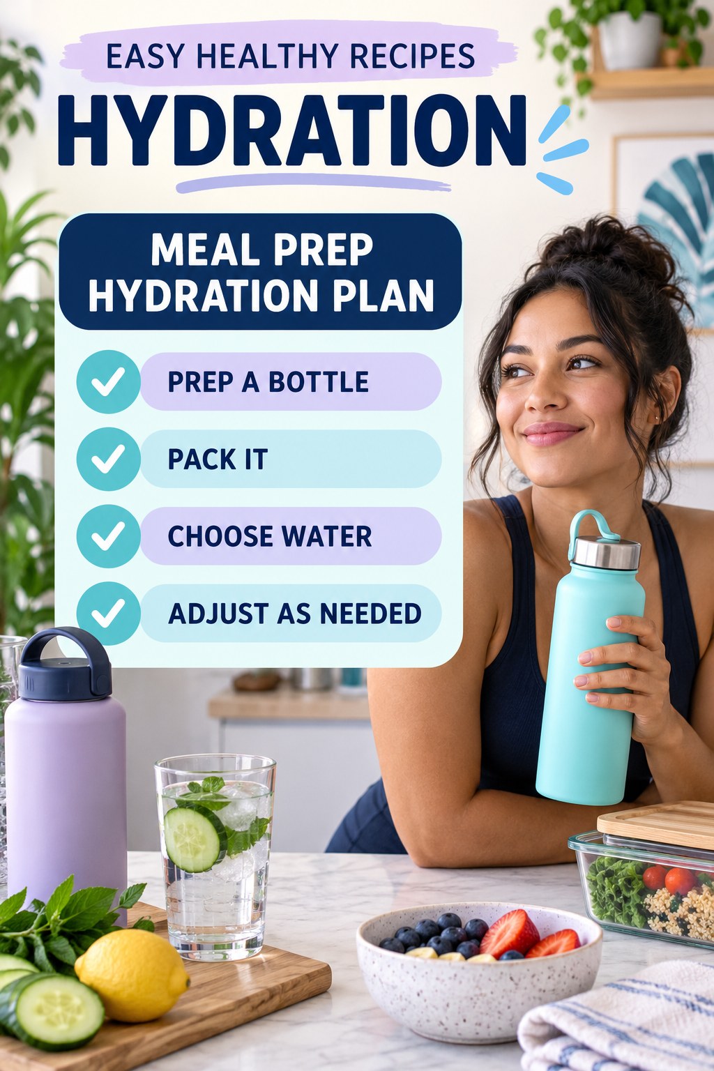 Easy Healthy Recipes hydration graphic titled Meal Prep Hydration Plan with four flexible water-habit prompts and no fixed intake target.