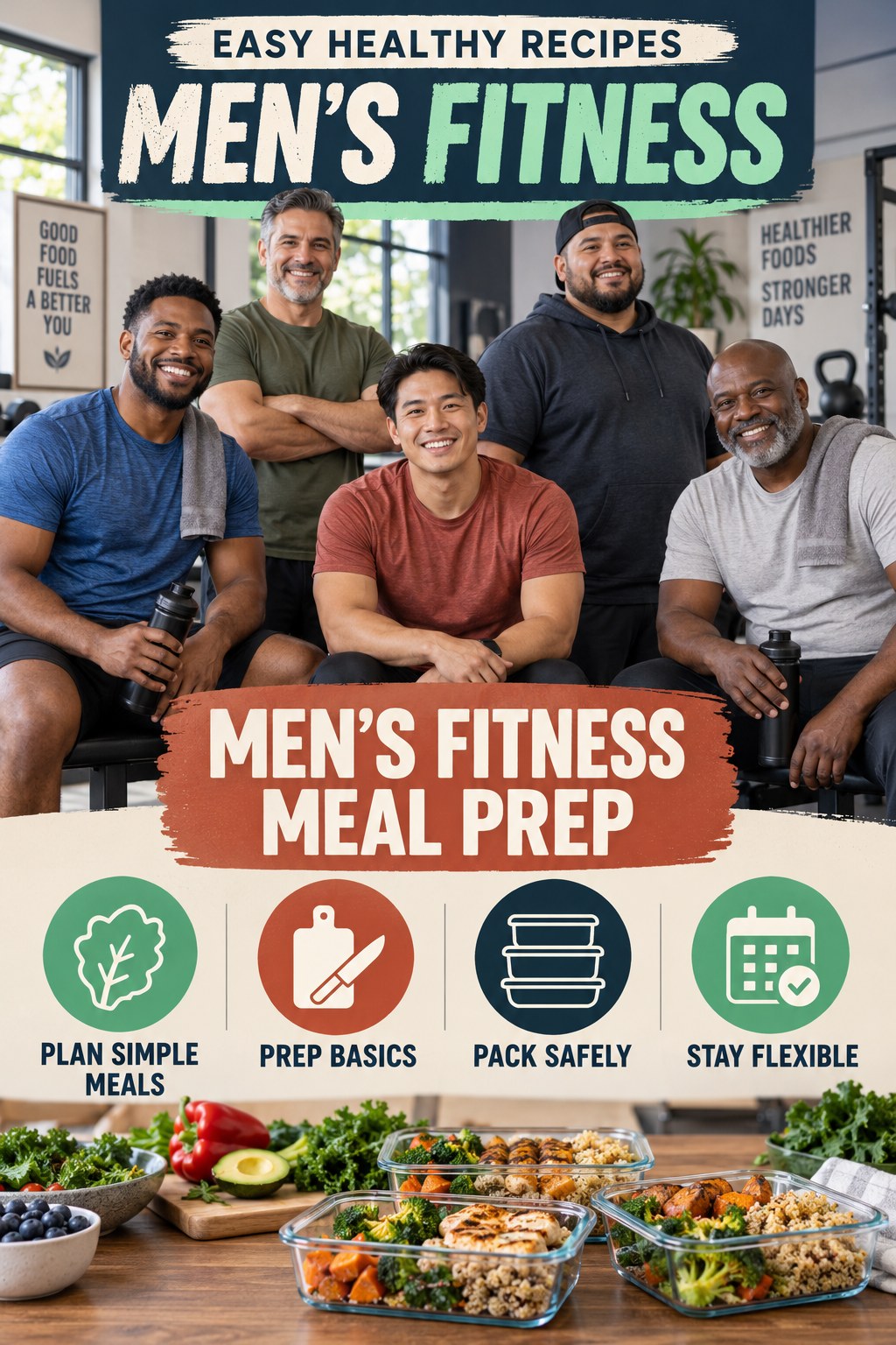Easy Healthy Recipes men’s fitness graphic titled Men’s Fitness Meal Prep with four practical training prompts.