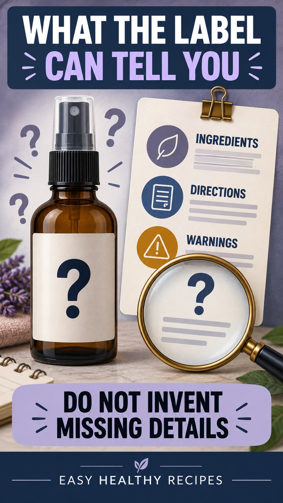 Missing Information Audit infographic for Easy Healthy Recipes, showing a generic spray-label checklist that separates available facts, missing details, and evidence questions.