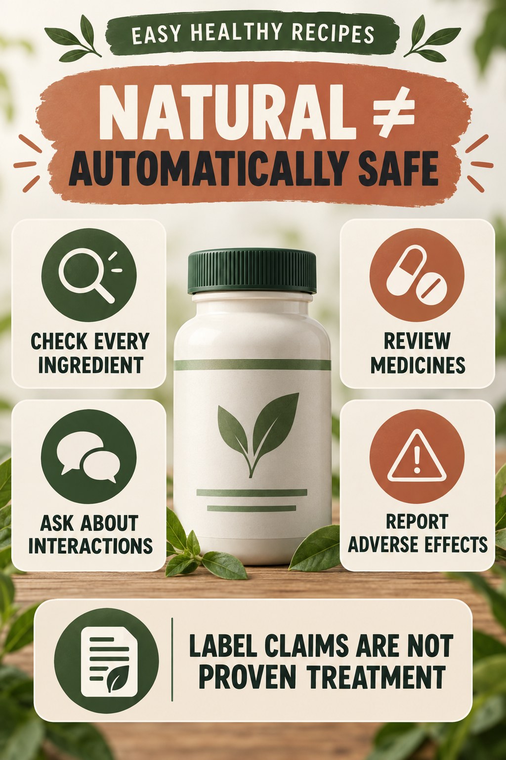 Natural Does Not Mean Risk-Free prostate supplement label-literacy infographic for Easy Healthy Recipes with four careful reading points.