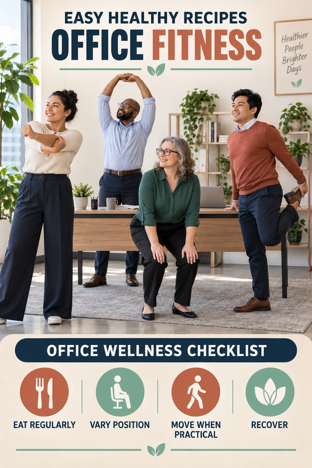 Easy Healthy Recipes office-fitness graphic titled Office Wellness Checklist with four practical workday movement prompts.