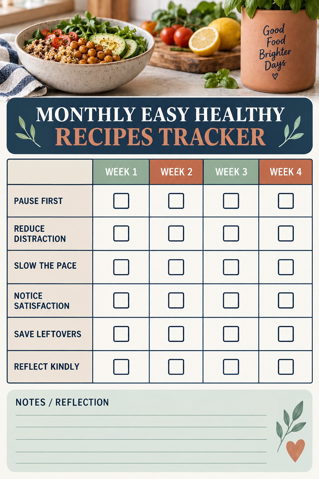Monthly Easy Healthy Recipes printable-style tracker graphic with six labeled rows, empty checkboxes, and a reflection area.