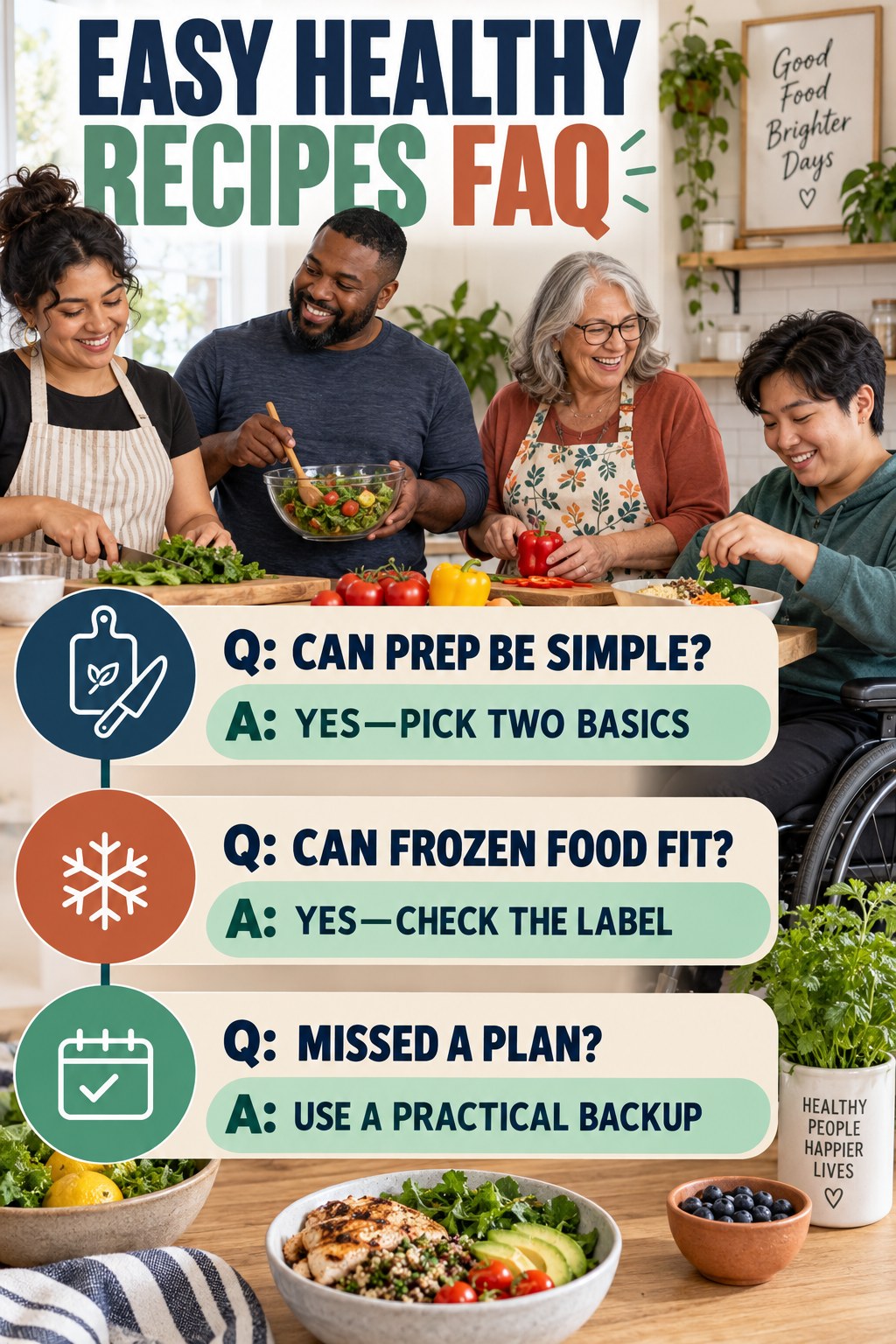 Easy Healthy Recipes FAQ graphic with three concise questions and practical answers for beginners.