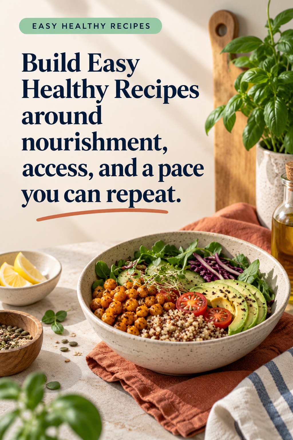 Original Easy Healthy Recipes quote graphic reading “Build Easy Healthy Recipes around nourishment, access, and a pace you can repeat.” in a board-relevant editorial design.
