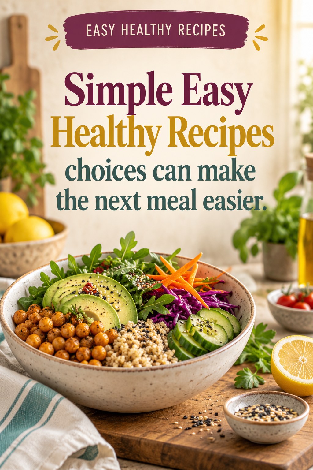 Original Easy Healthy Recipes quote graphic reading “Simple Easy Healthy Recipes choices can make the next meal easier.” in a board-relevant editorial design.