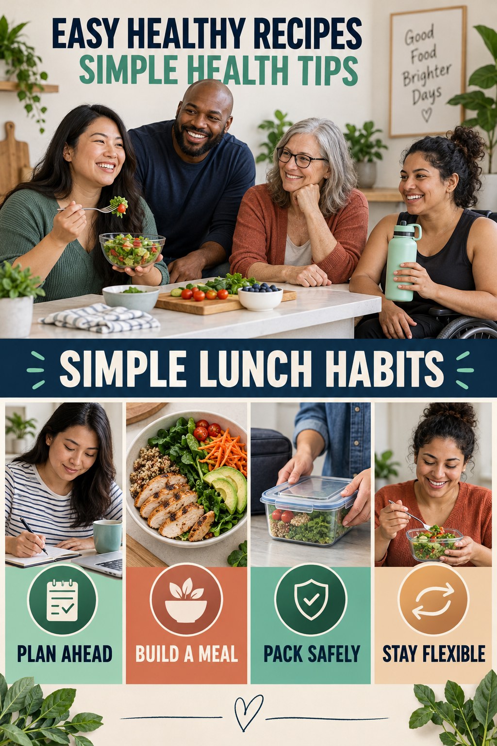 Easy Healthy Recipes simple-health graphic titled Simple Lunch Habits with four practical wellness prompts.