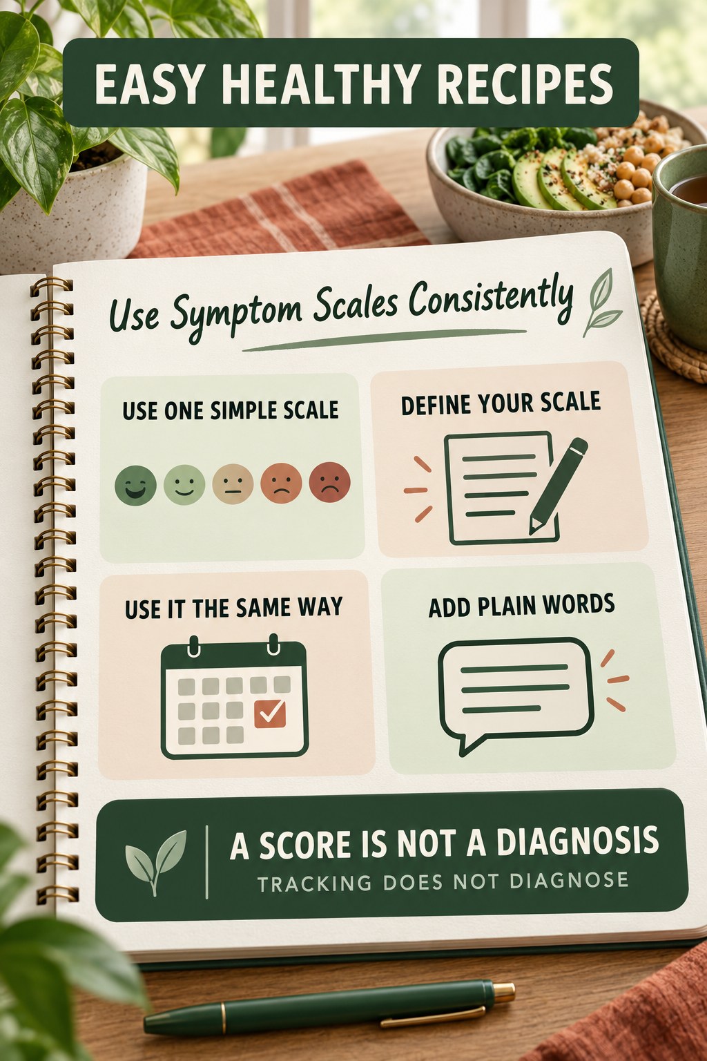 Use Symptom Scales Consistently urinary symptom tracking infographic for Easy Healthy Recipes with four practical diary points and a non-diagnostic reminder.