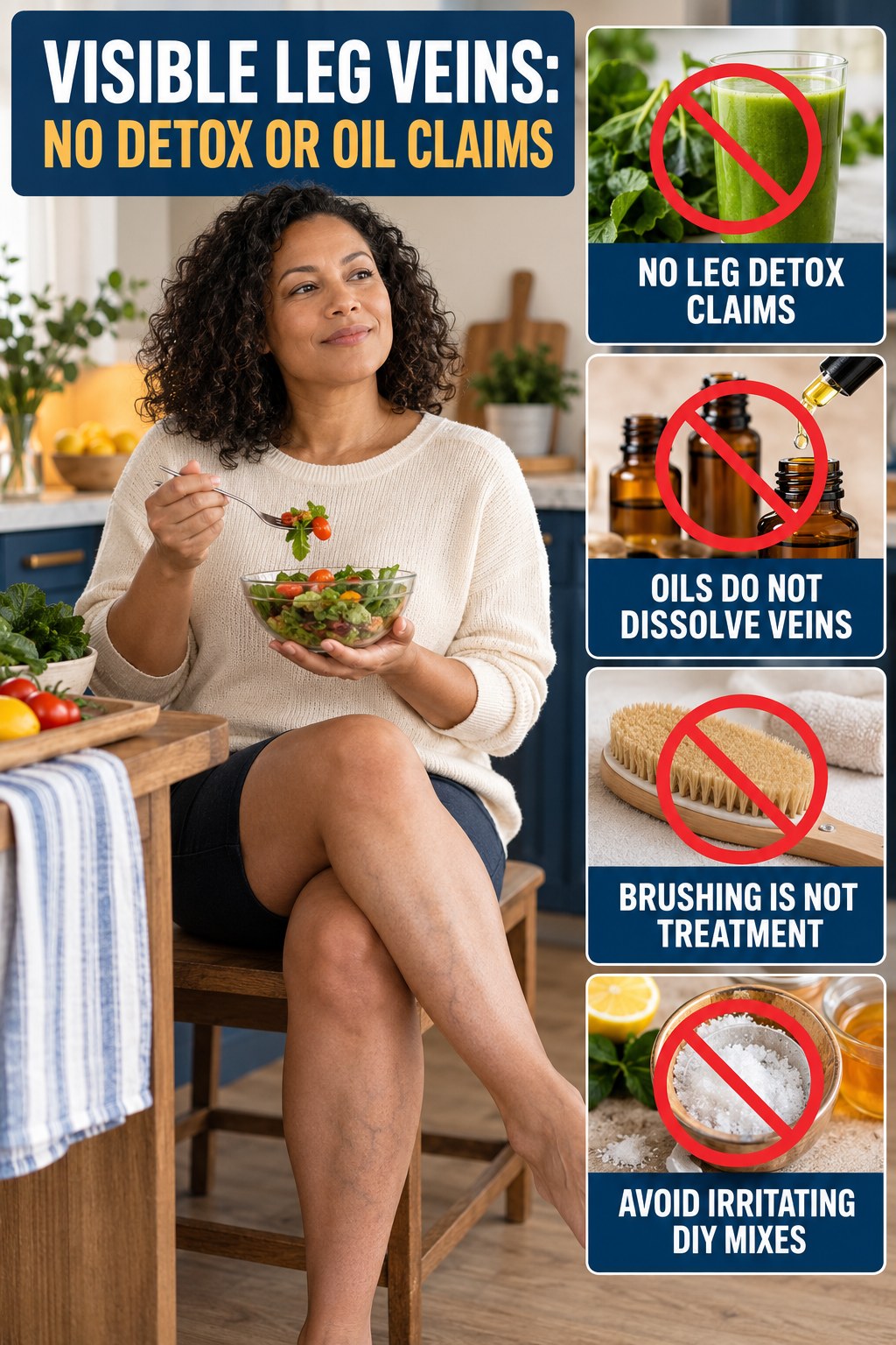 No Detox or Oil Claims infographic for Easy Healthy Recipes, showing body-neutral visible-leg-vein appearance care and the boundary between temporary cosmetic support and treatment.