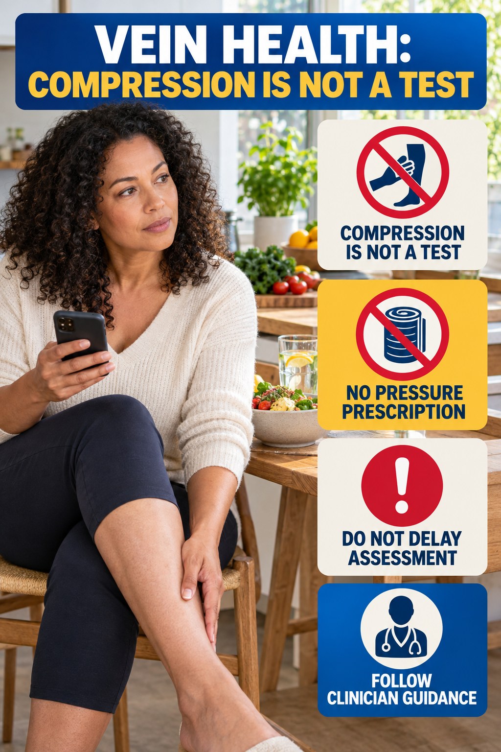 Compression Is Not a Test infographic for Easy Healthy Recipes, explaining vein-health warning signs and the appropriate next action without diagnosing a condition.