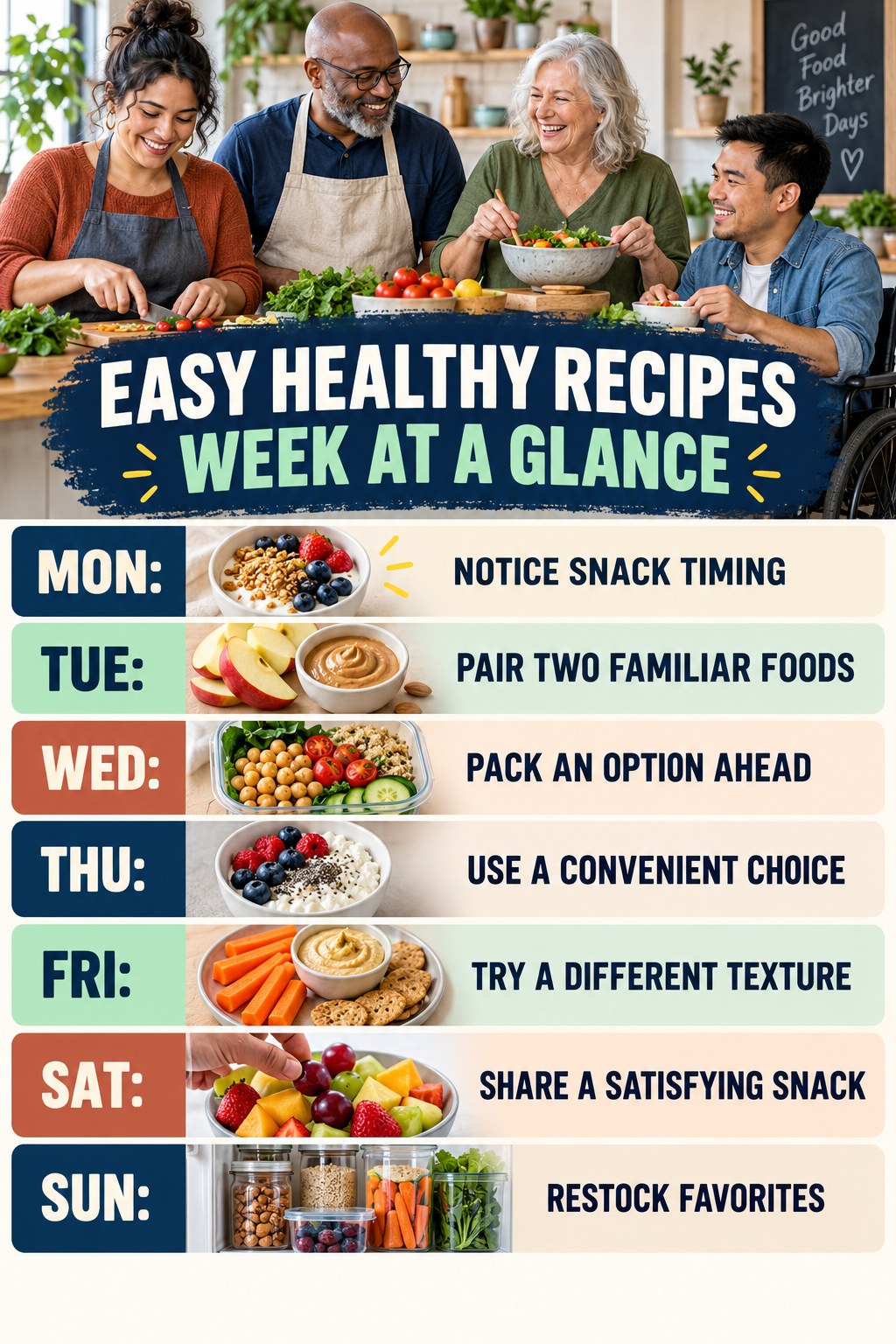 Weekly Easy Healthy Recipes plan graphic with concise Monday-to-Sunday actions and flexible recovery guidance.