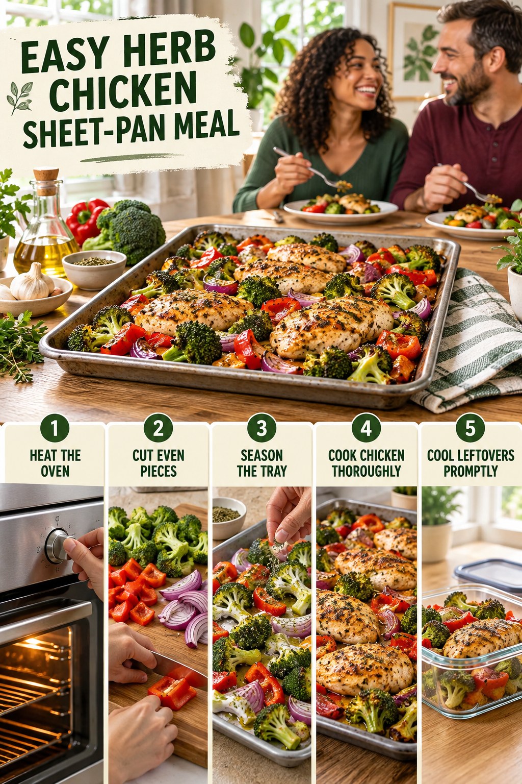 Easy Herb Chicken Sheet-Pan Meal for Budget Healthy Meals with five readable preparation cues and a realistic finished dish.