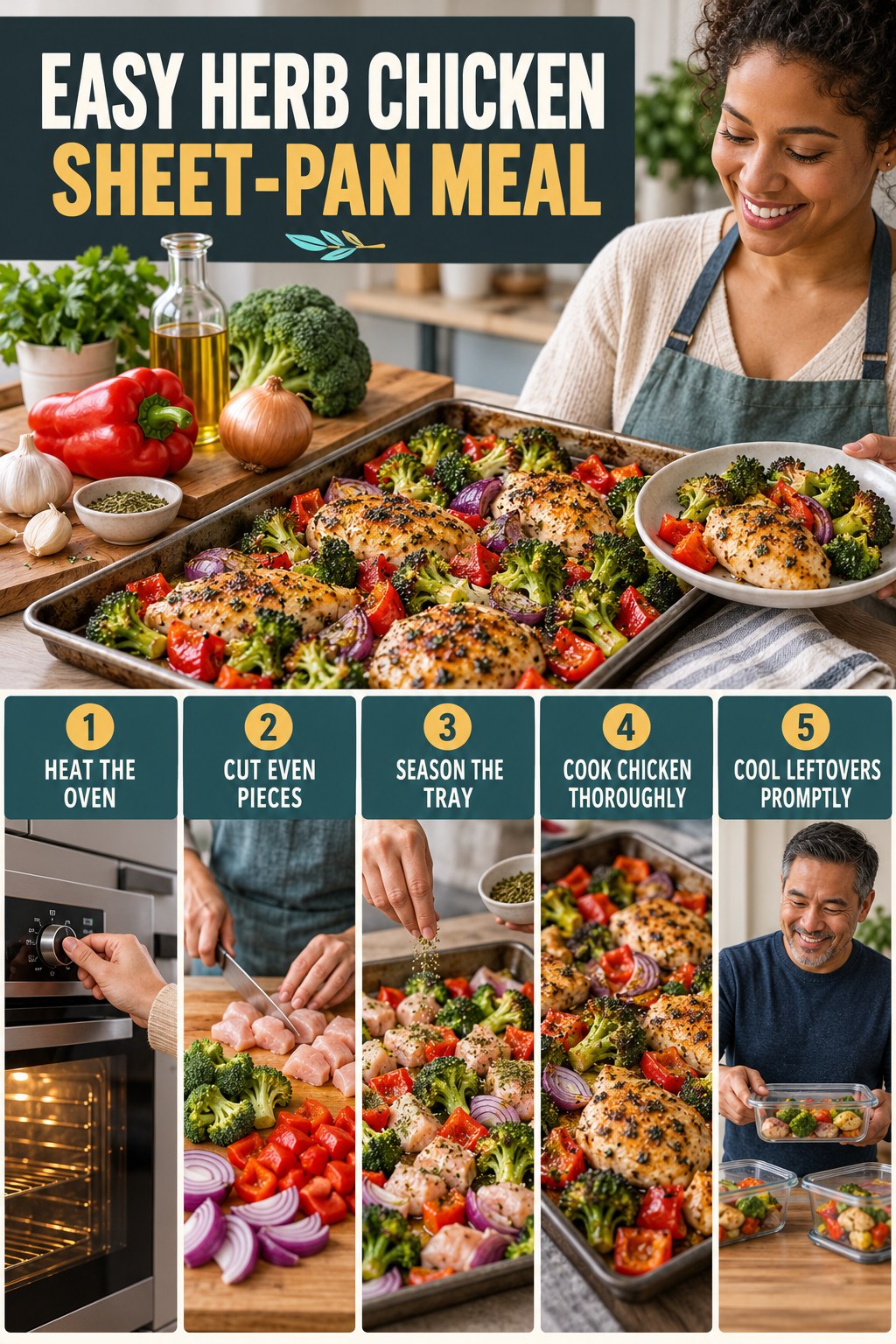 Easy Herb Chicken Sheet-Pan Meal for Healthy Air Fryer Recipes with five readable preparation cues and a realistic finished dish.