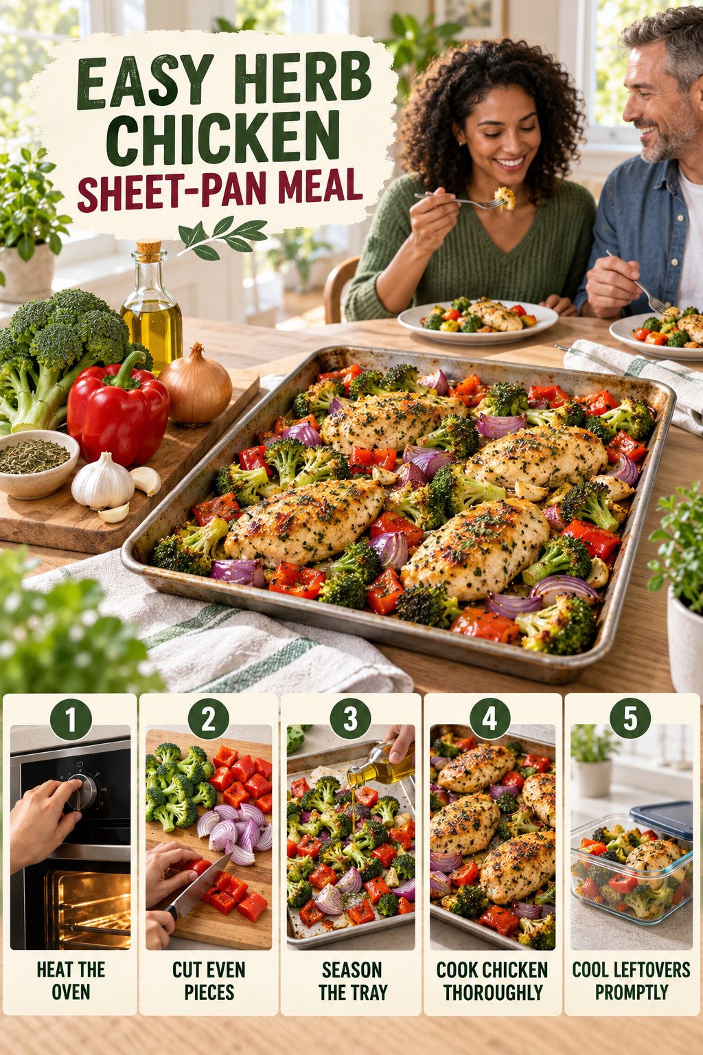 Easy Herb Chicken Sheet-Pan Meal for Healthy Eating with five readable preparation cues and a realistic finished dish.