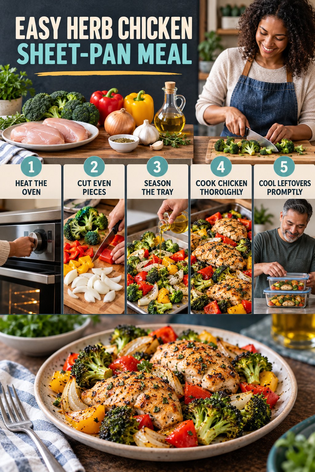 Easy Herb Chicken Sheet-Pan Meal for Healthy Lunch Recipes with five readable preparation cues and a realistic finished dish.